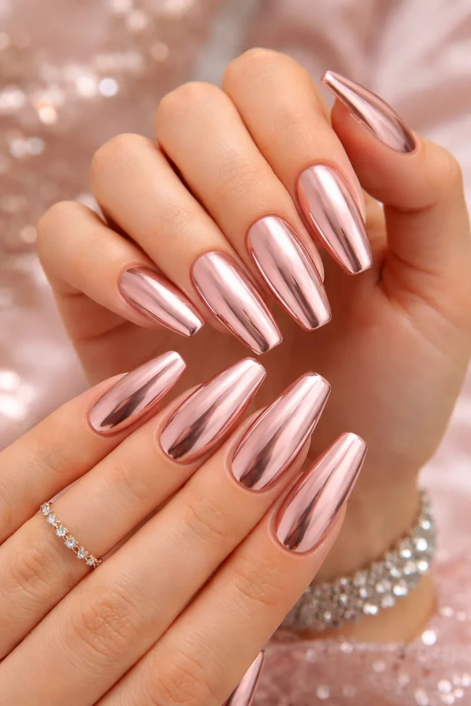 Rose gold chrome prom nails with warm metallic reflective finish 