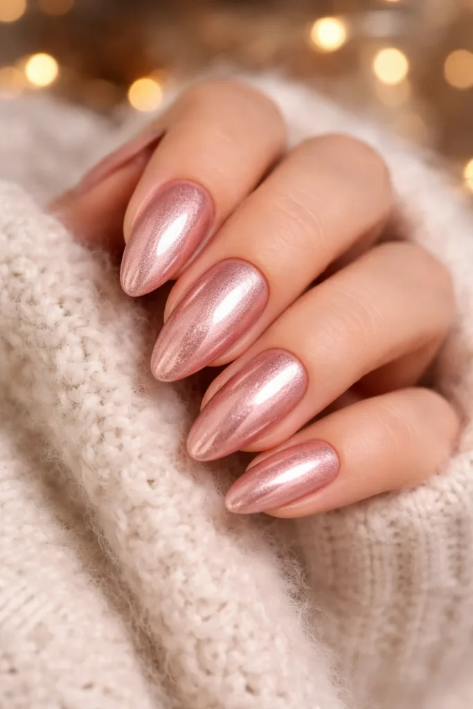Rose gold metallic winter nails warm blush shimmer finish