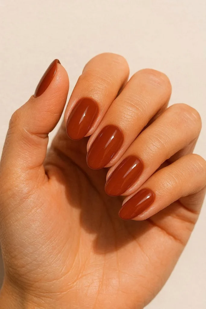Rust brown nails in warm earthy tones inspired by desert vibes 