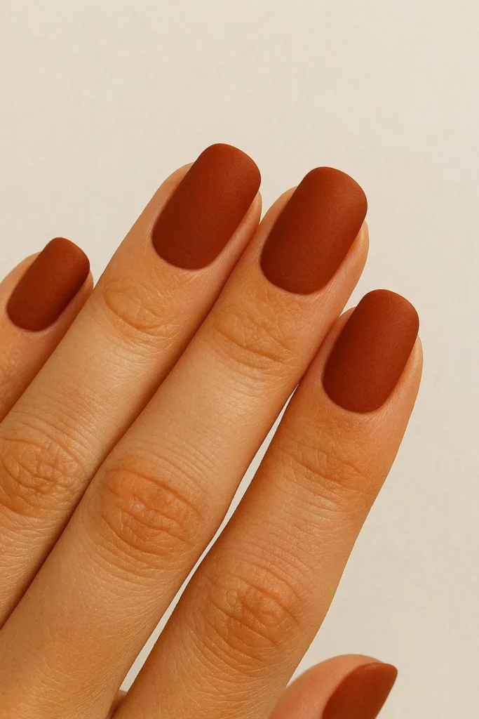 Rust red matte nails in a burnt autumnal earthy tone
