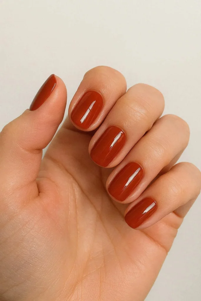 Burnt rust red nails in warm earthy autumn shades