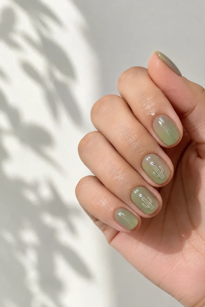Sheer sage green nails with delicate cream cactus line art