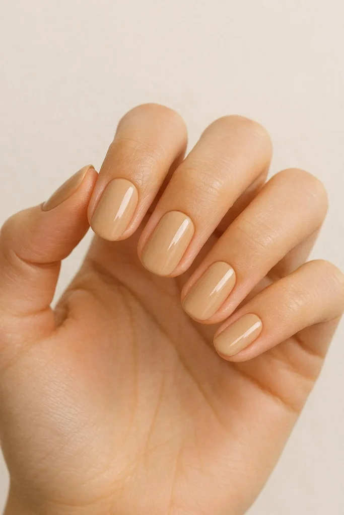 Sand beige nails in a warm light natural tone
