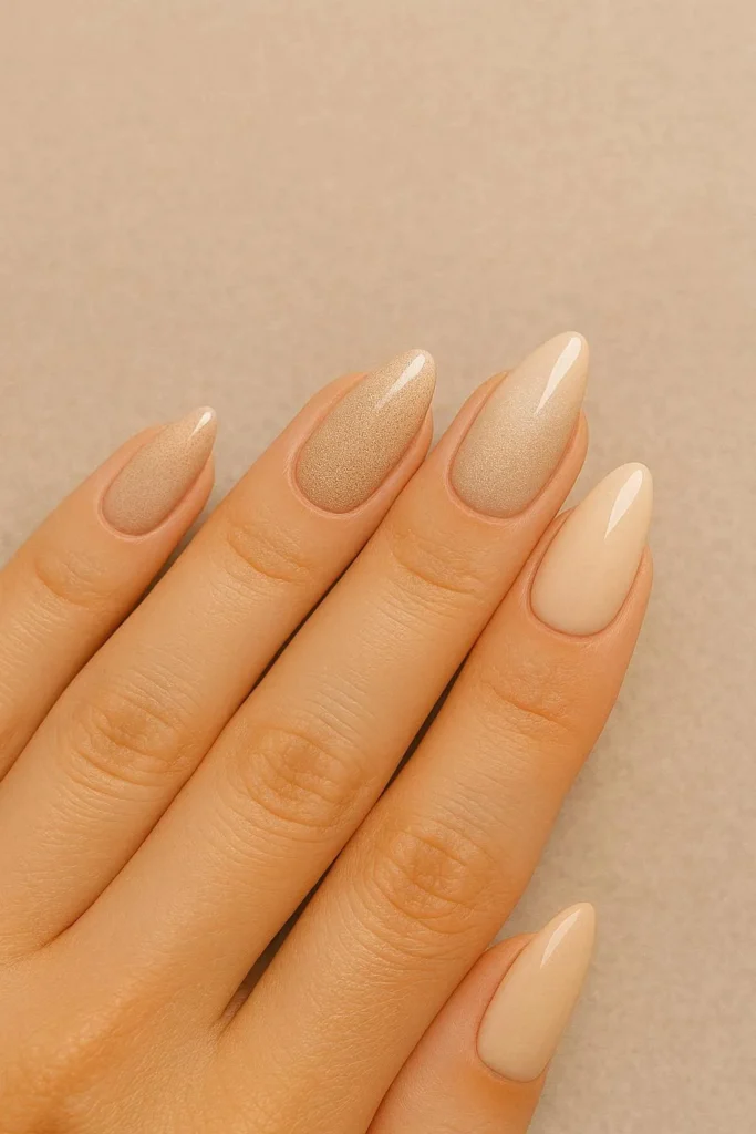 Sandy nude beach nail ideas in soft beige and champagne tones
