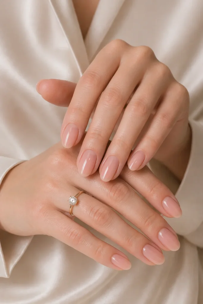 Sheer pink glossy bridal nails with natural luminous finish