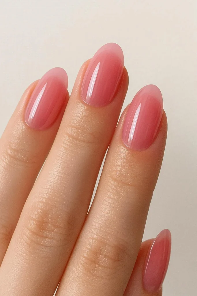 
9. Sheer Pink Jelly Nails Image name: sheer-pink-jelly-nails.jpg ALT: Sheer pink jelly nails with a glossy translucent juicy finish 