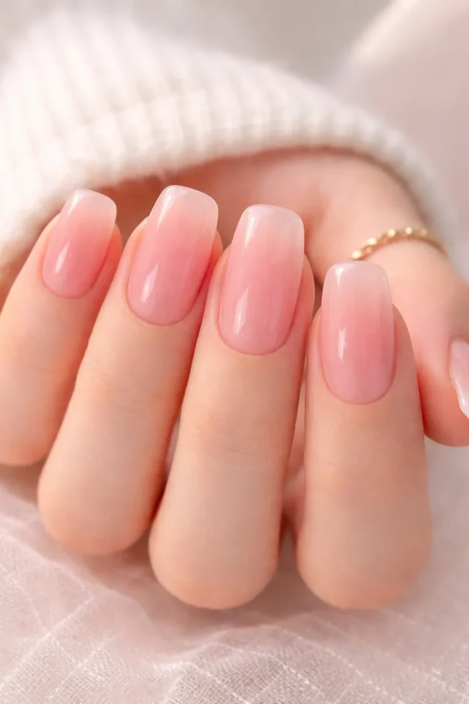 Sheer pink jelly nails for a soft feminine fall look