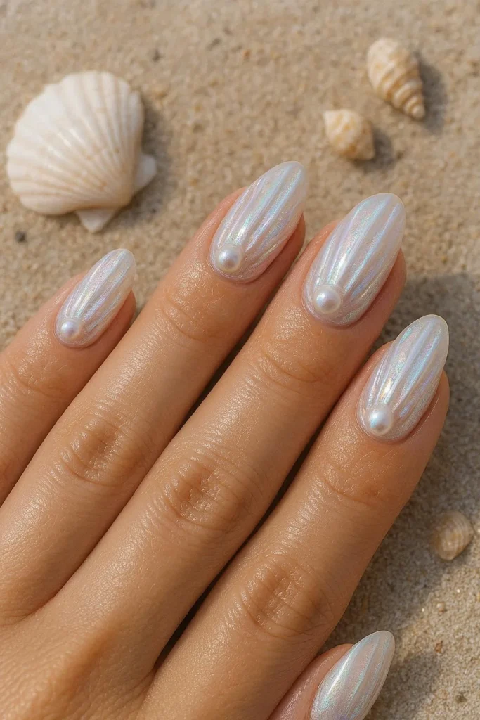 Shell texture beach nail ideas with 3D pearlescent coastal finish