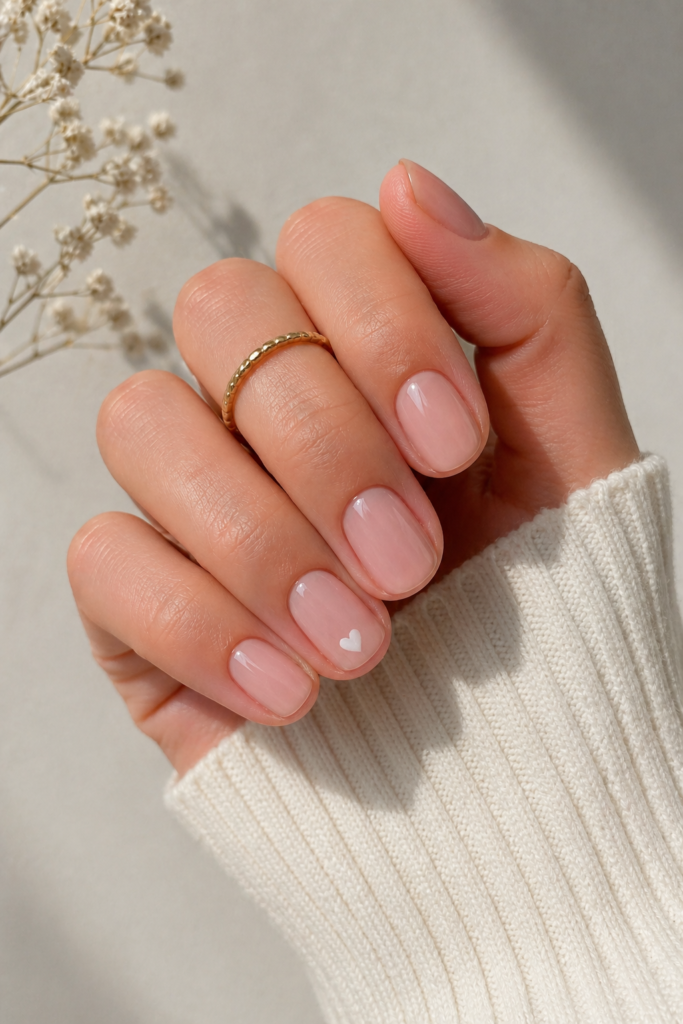 Short accent nail design with one detailed nail and plain rest