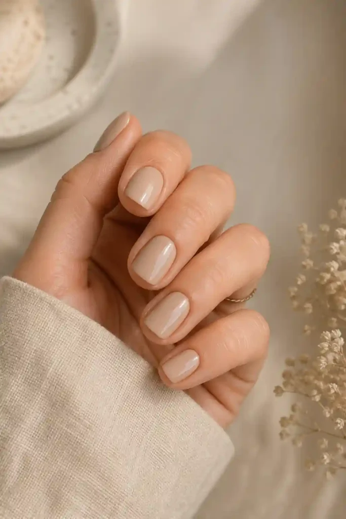  Short beige nails in a calm neutral tone with gloss finish