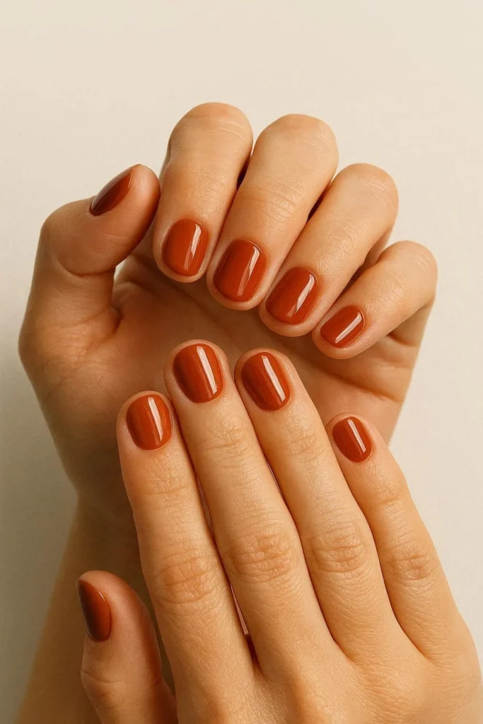 Clean short nails in warm fall colors for everyday wear