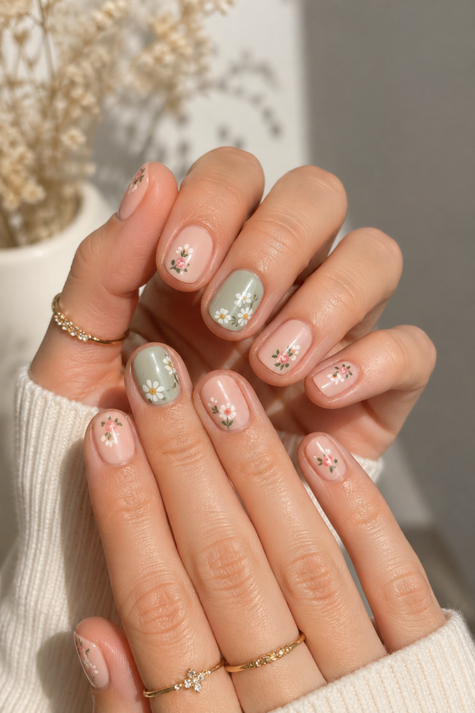 Short floral nails with tiny painted flowers on soft base