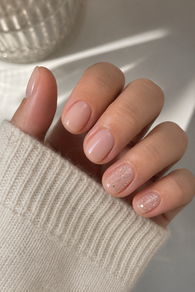 Short glitter nails with subtle sparkle on one or two nails