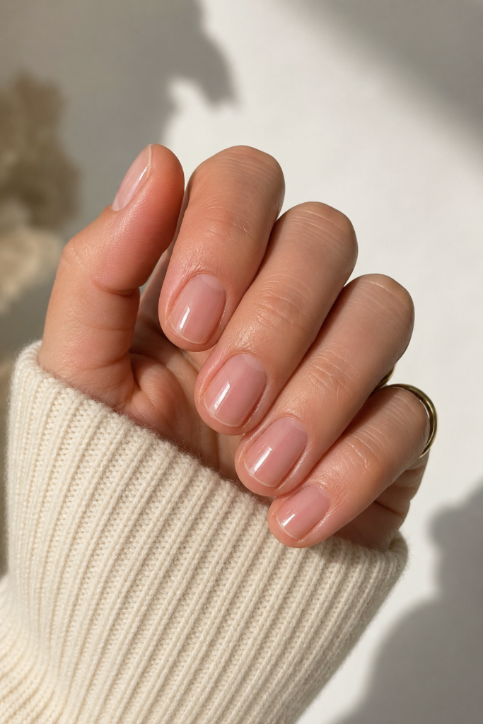 Short glossy clear nails with high shine transparent finish 
