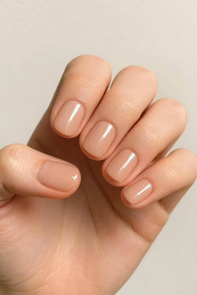 Short glossy school nails with high shine finish in a neutral shade 