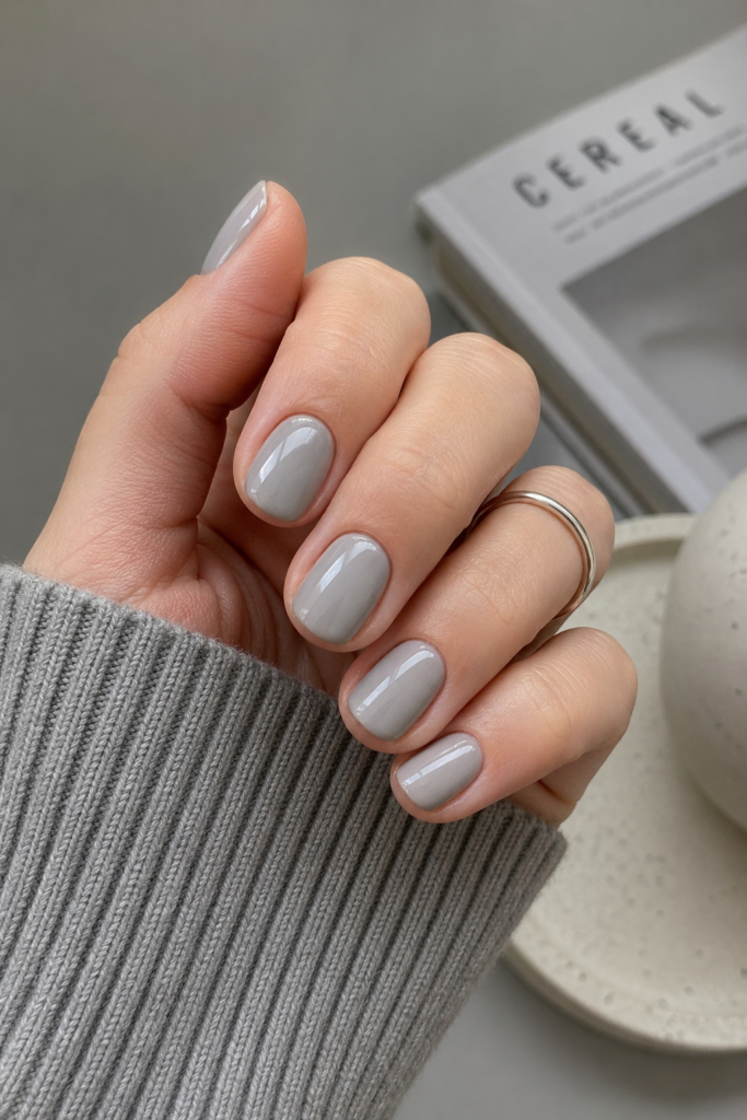 Short grey nails in a soft dove grey with glossy finish 