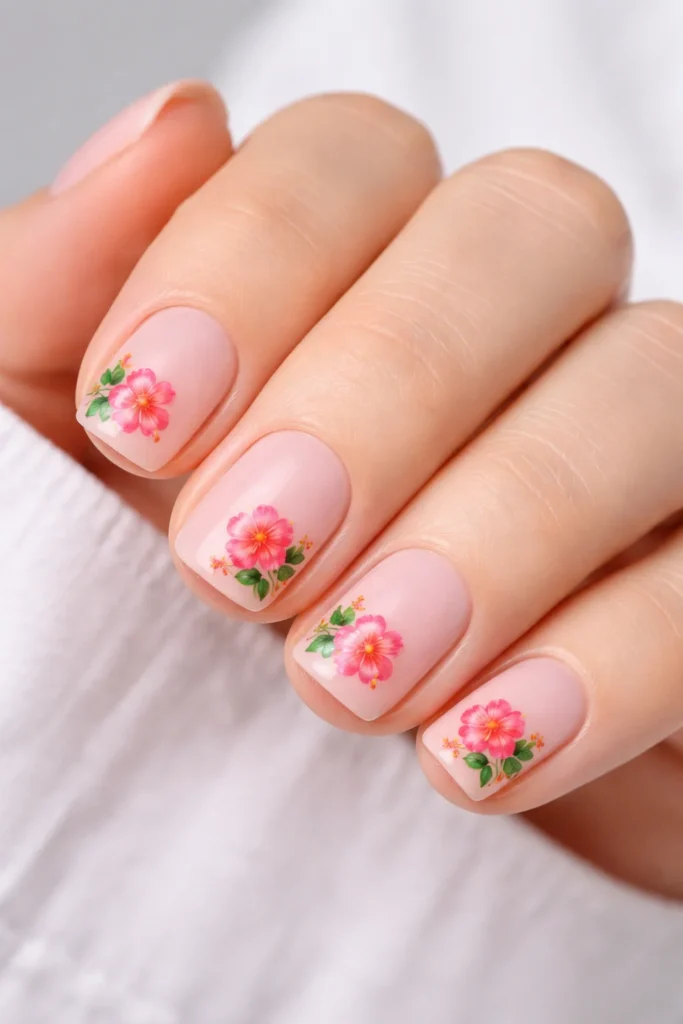 Short hibiscus flower nails cute simple tropical floral design
