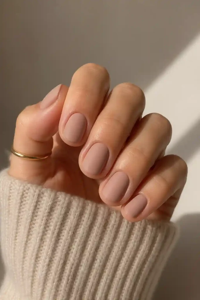  Short matte nude nails with a smooth velvety finish 