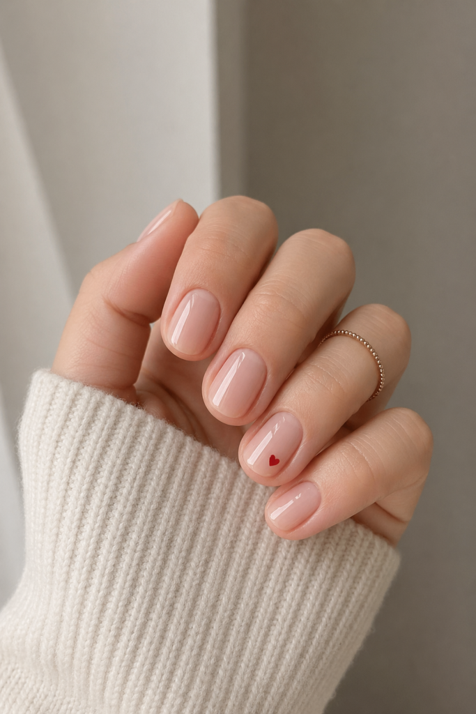  Short minimal heart nails with tiny heart detail near cuticle