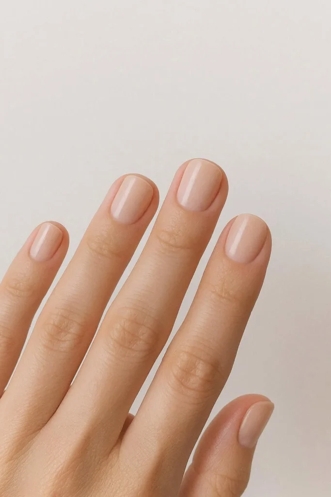 Short minimal nails in a soft neutral polish