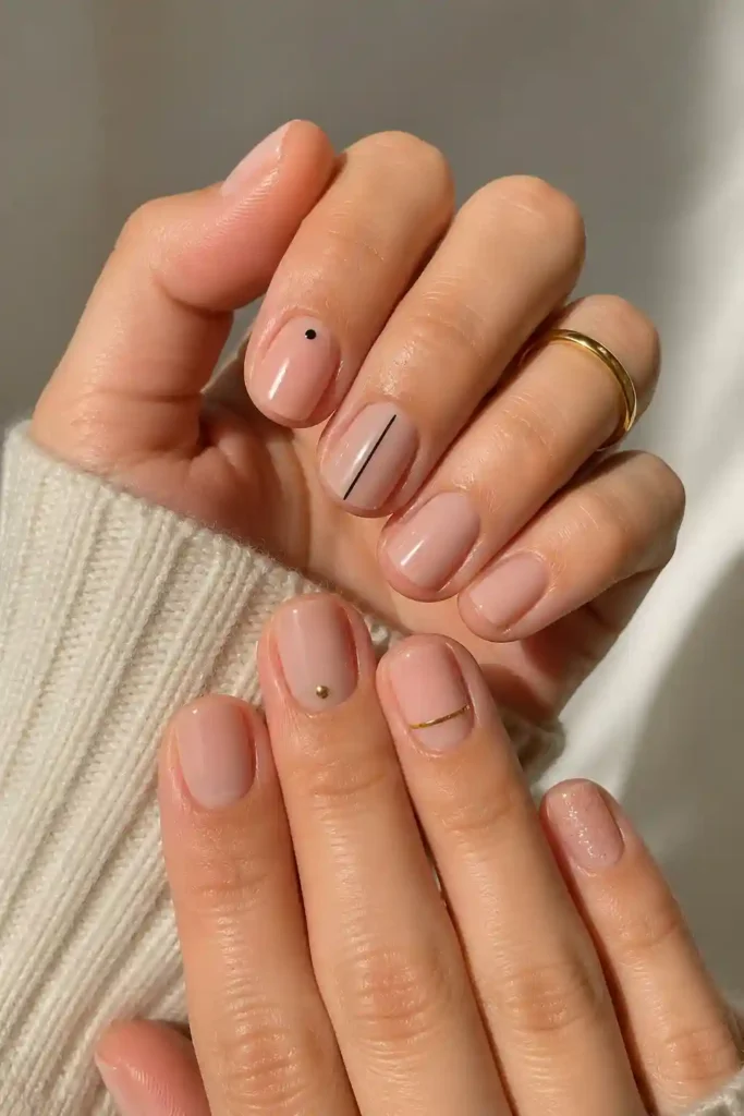 Short mixed minimal nails with different simple designs on each nail 