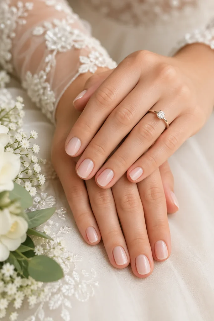 Clean short natural bridal nails in soft sheer nude pink