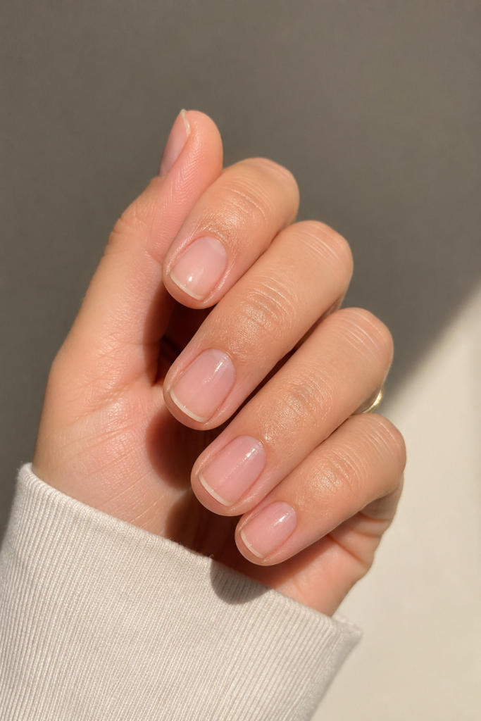  Short natural nails with barely there sheer polish and glow 