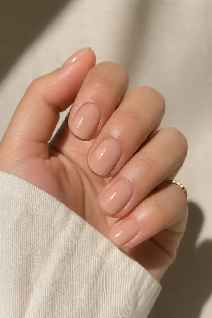 Short nude gloss nails with high shine finish 