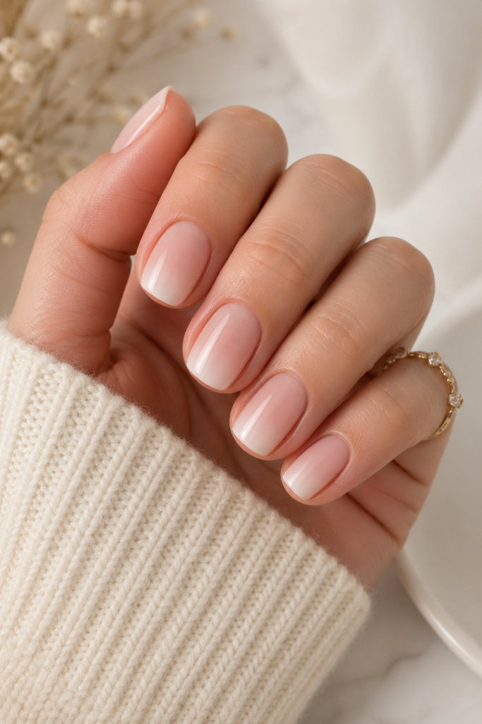 Short ombre nails with soft nude to white gradient finish