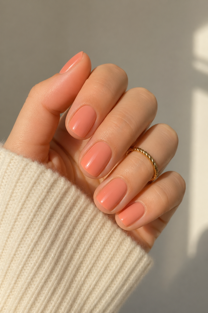 Short peach nails in a warm natural sun kissed shade 