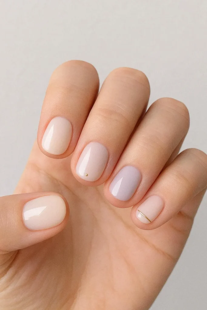 Short simple cute nails in soft milky white and pale lavender shades