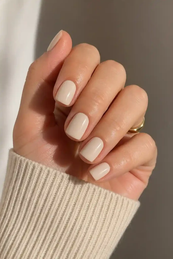 Short square nails in clean neutral tones and crisp shape