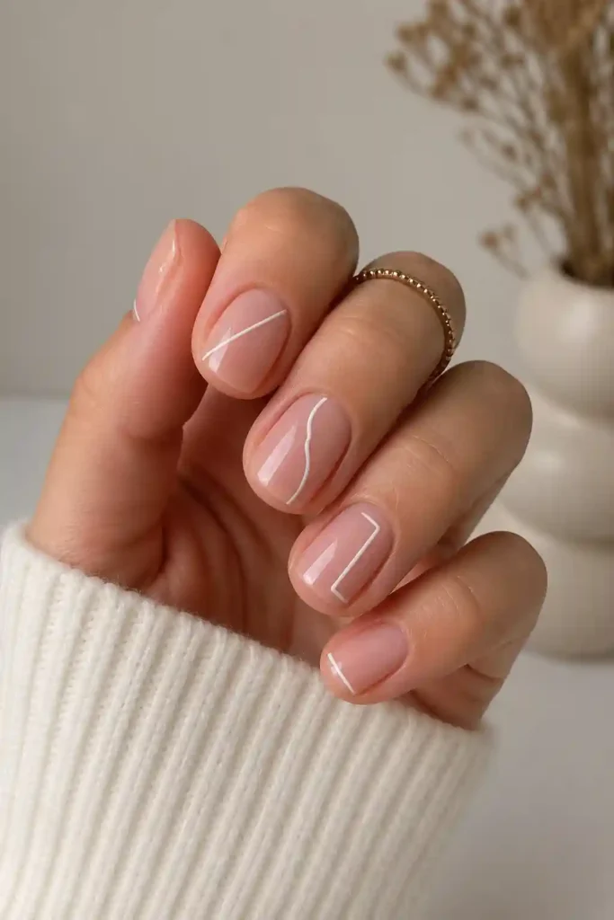 Short white line nails with thin line art on nude base