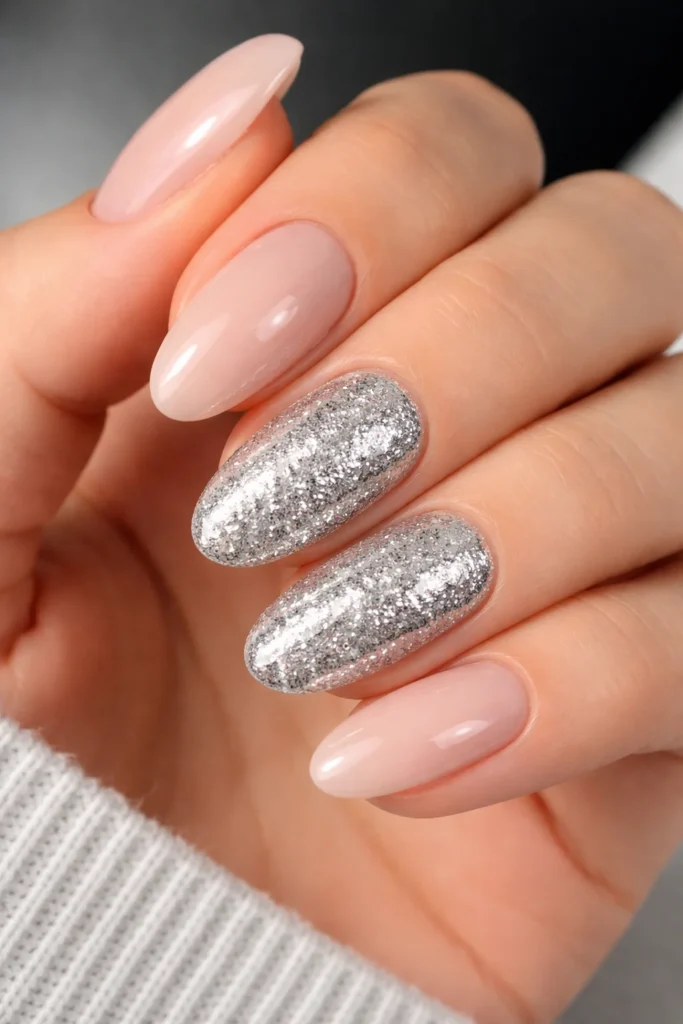  Silver glitter accent prom nails with neutral base and sparkle detail 