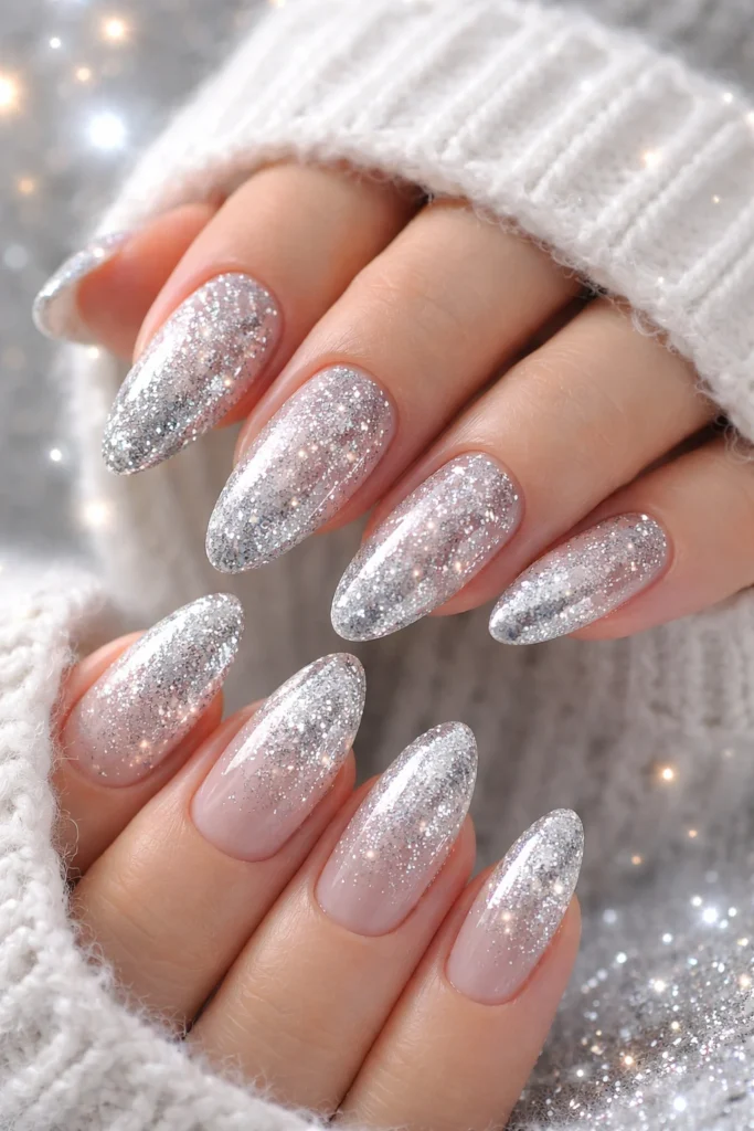 Sparkling silver glitter nails for winter holiday season