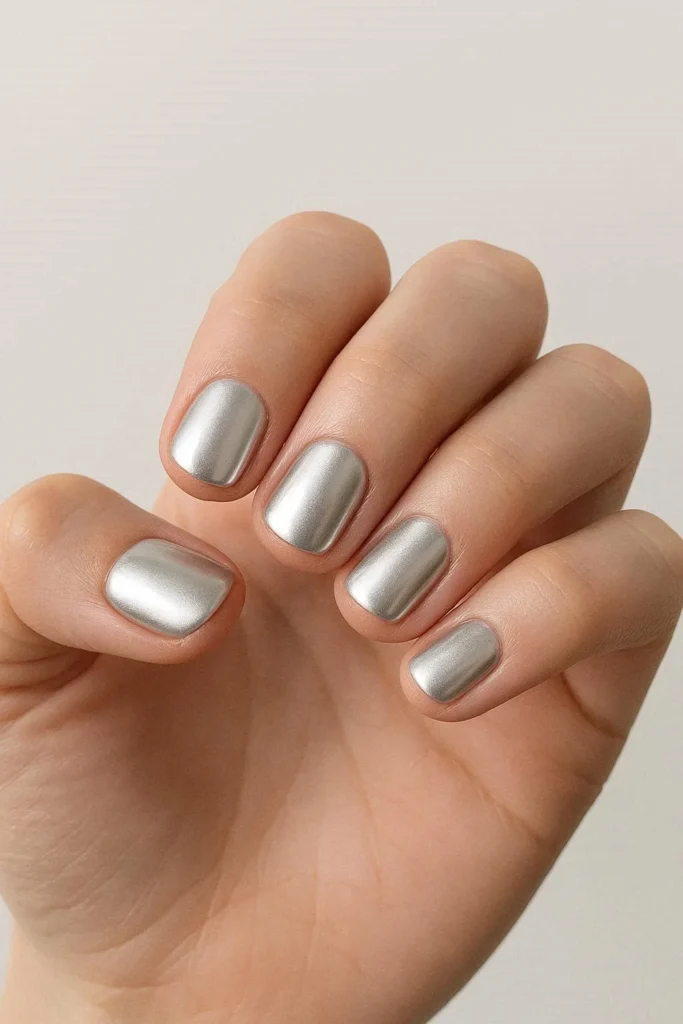 Simple chrome school nails with a light silver pearl finish on short nails