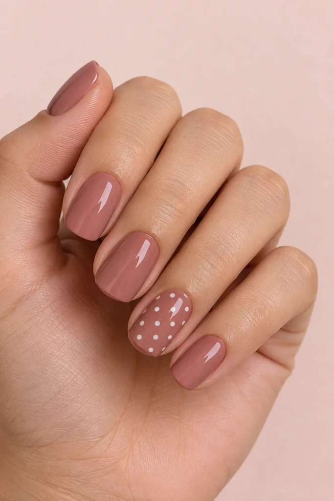 Soft sage manicure with white dots on one accent nail