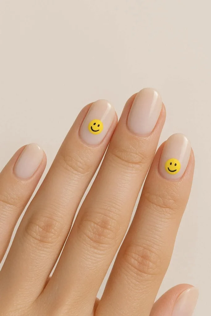  Aesthetic smiley face nail ideas with minimal art on nude base 