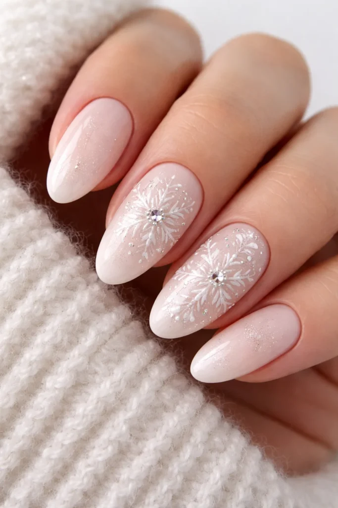 Delicate snowflake nail art on white nude base winter 