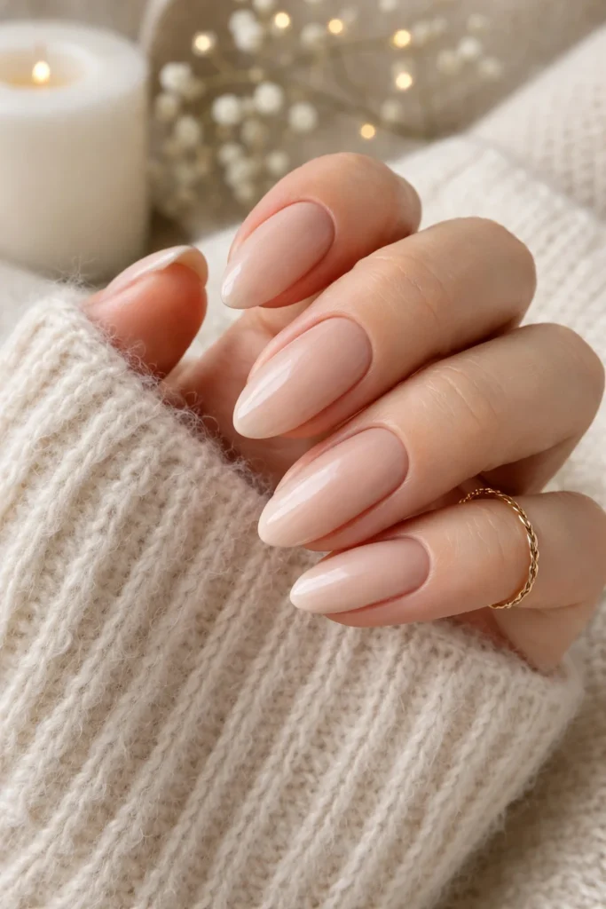 Soft nude winter nails in warm beige and taupe tones