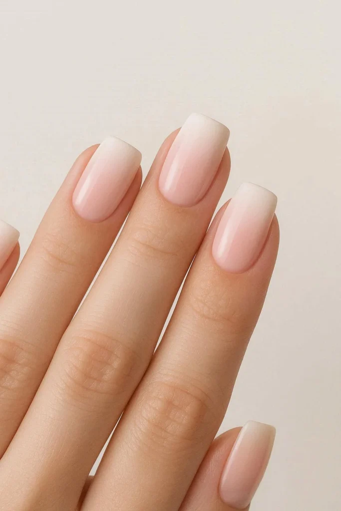 Soft ombre school nails with a pink to white gradient finish