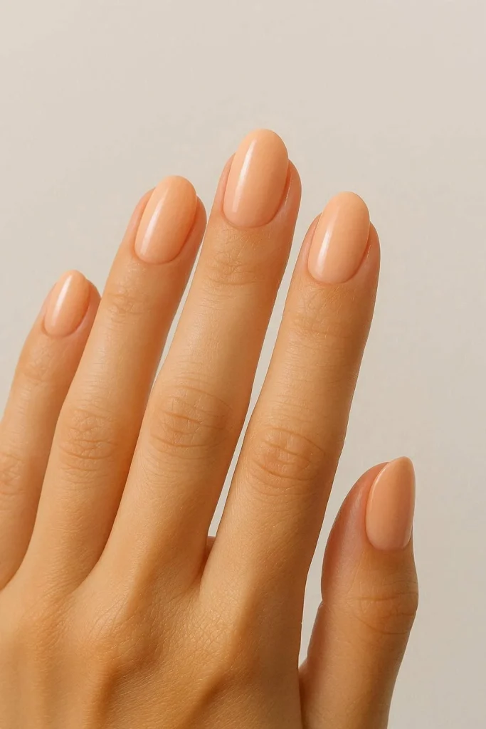 Soft peach nails with a warm natural glowing finish