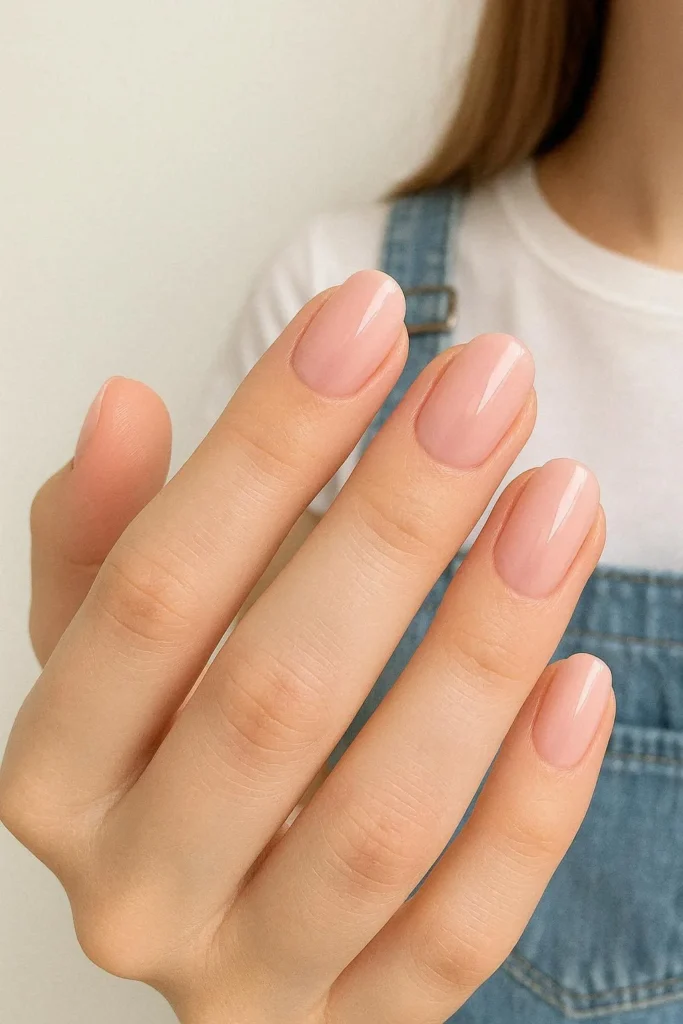 Soft pink student nails with milky sheer pink polish finish