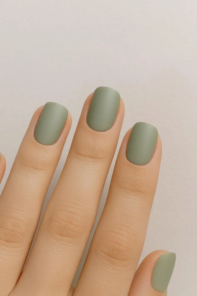 Soft sage green nails with a natural earthy matte finish