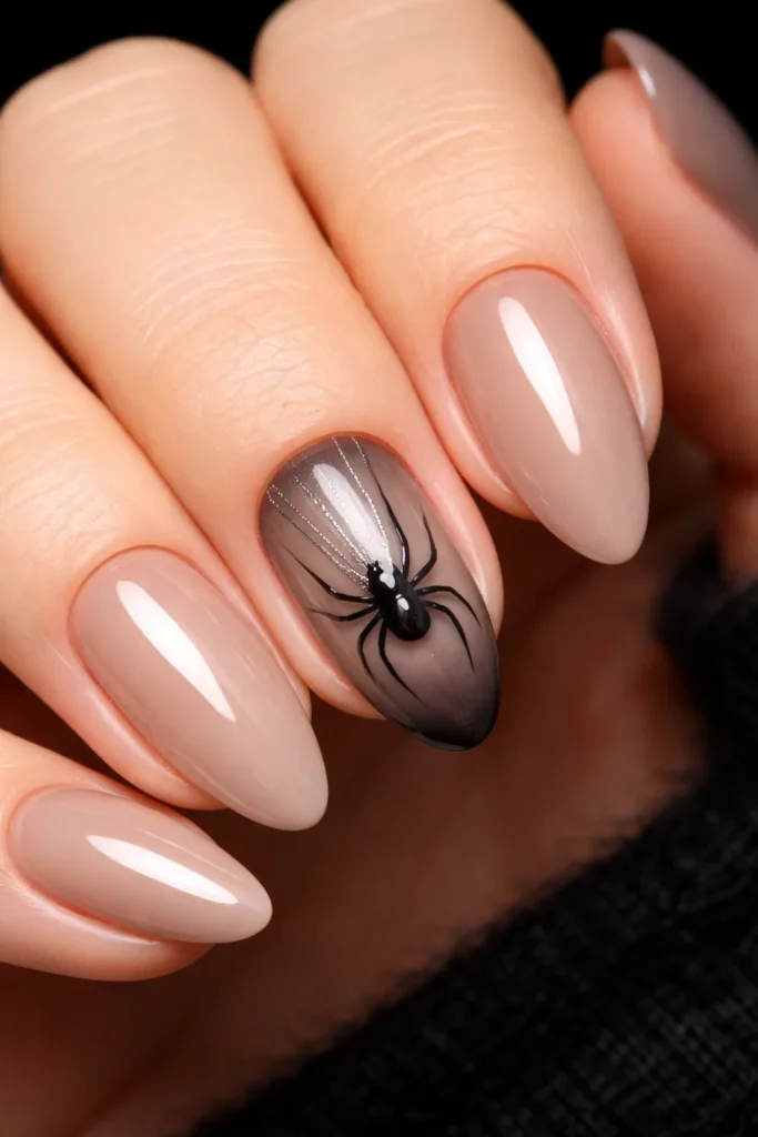 Black spider accent nail art on neutral Halloween nails