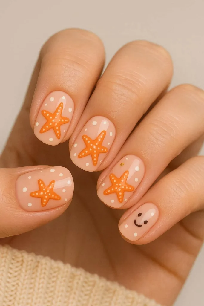 Starfish nail design with cute accents on soft coral nude base