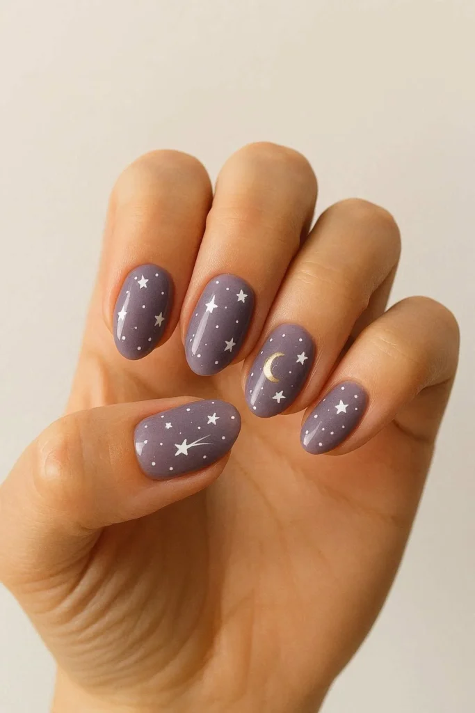 Cute starry night nail ideas with tiny gold stars on deep navy base 