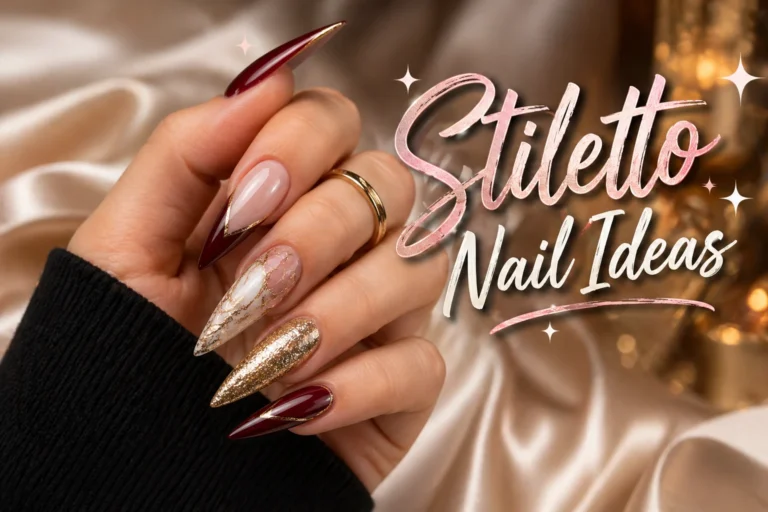 long stiletto nails featuring glossy burgundy tips, nude base, gold glitter accent nail, and delicate marble nail art