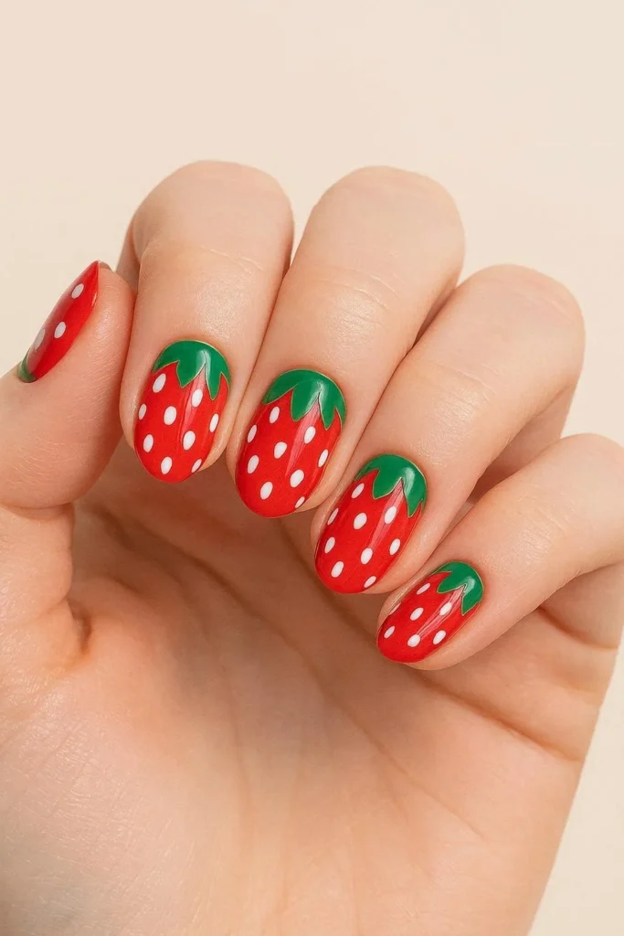  Cute strawberry nail designs with red polish and tiny green leaf details
