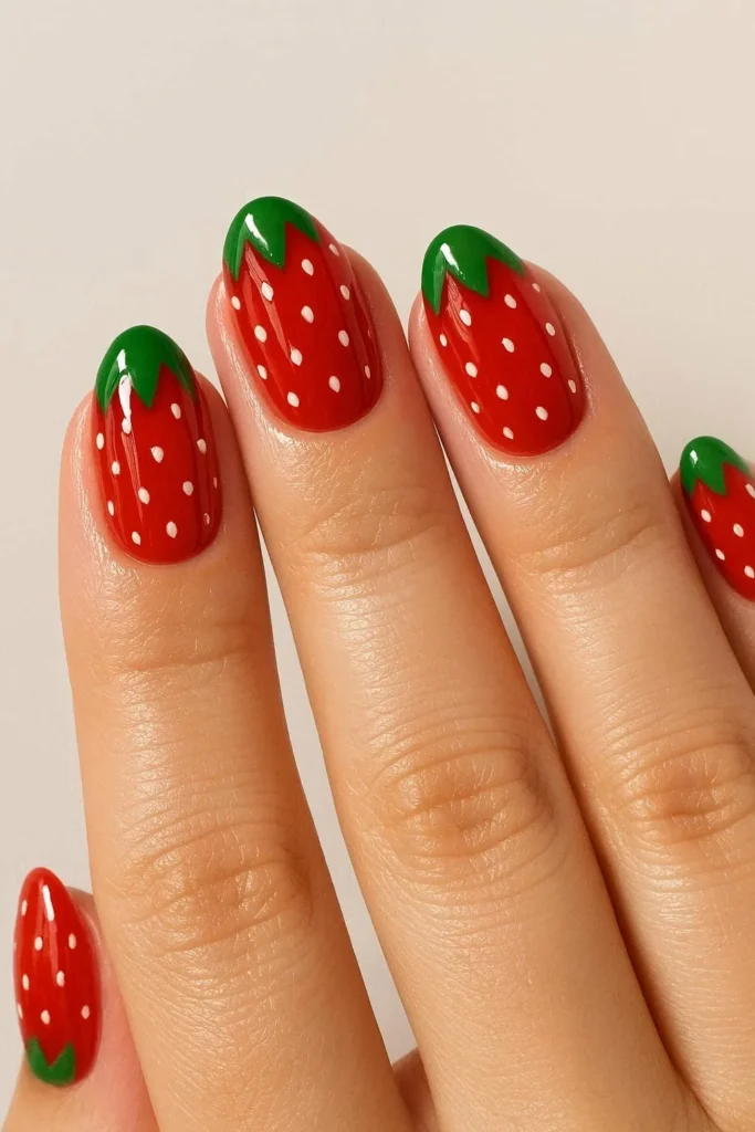Glossy red strawberry nail art with white seeds and green tops